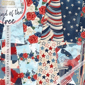 4th of july digital papers - 12 watercolor red white and blue seamless patterns, abstract background, patriotic floral paper pack - 300dpi