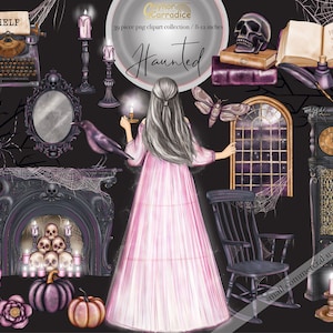 Haunted halloween clipart - 39 piece gothic planner clip art - hand painted watercolor graphics -skulls, fireplace, pumpkins, spider webs