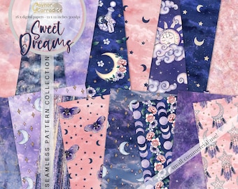 Sweet Dreams digital papers - 16 watercolor celestial seamless patterns, galaxy paper pack, abstract background, night sky backdrops, jpeg