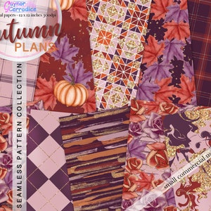 Papiers numériques d’automne, motifs sans couture d’automne, rouille, violet, paillettes dorées, pumkin, arrière-plans de planificateur de roses, arrière-plans de feuilles d’automne