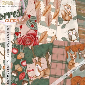 K&ouml;nnte beinhalten: Ein digitales Papierpaket mit 10 nahtlosen Mustern mit Waldtieren, Bl&auml;ttern und floralen Designs. Die Muster sind in Braun-, Gr&uuml;n-, Rosa- und Wei&szlig;t&ouml;nen gehalten. Der Text "Forrest cuties" und "SEAMLESS PATTERN COLLECTION" ist im Bild enthalten.