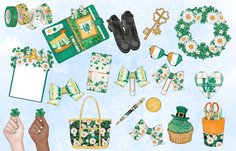 May include: A collection of St. Patrick's Day themed digital clipart featuring a green shamrock wreath, a green and white plaid heart with the word "LOVE", a green and white plaid bow, a green and white plaid notebook, a green and white plaid tote bag, a green and white plaid cupcake, a green and white plaid clipboard, a green and white plaid key, a green and white plaid pair of sunglasses, a green and white plaid pair of boots, a green and white plaid pencil, a green and white plaid pair of scissors, a green and white plaid pencil holder, and a green and white plaid washi tape.