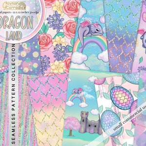 May include: A digital paper pack with 12 seamless patterns featuring dragons, rainbows, eggs, and floral designs. The patterns are in pastel colours with glitter accents. The text "Dragon Land" is featured on the cover.