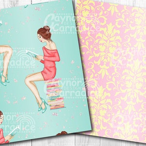 May include: A seamless pattern featuring a woman sitting on a stack of books and reading. The woman is wearing a pink dress and has long brown hair. The background is a light blue with white flowers and glitter.