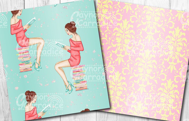 May include: A seamless pattern featuring a woman sitting on a stack of books and reading. The woman is wearing a pink dress and has long brown hair. The background is a light blue with white flowers and glitter.