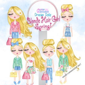 Blonde hair girl clipart Spring clipart Fashion Doll clip art Planner graphics Stickers Icons yellow hair girl Pretty girl png