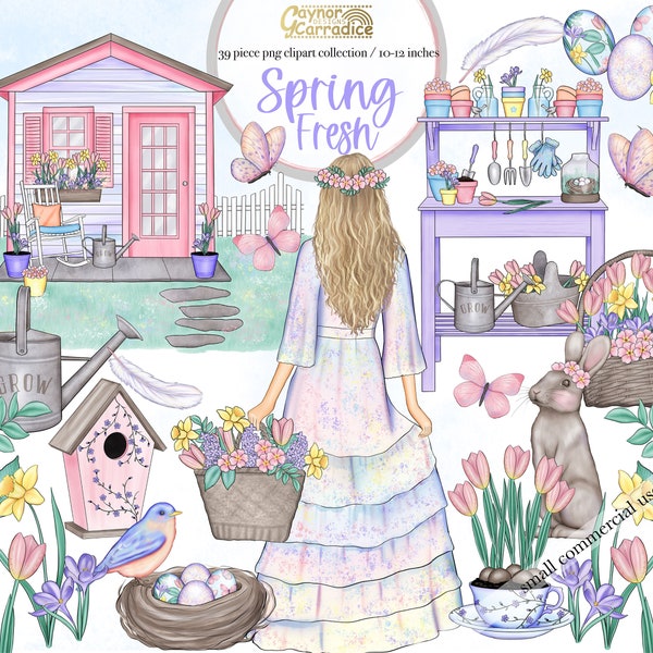 Spring Fresh Clipart - 39 Pastel spring clip art - watercolor Easter graphics - gardening clipart- bunny graphics - fashion clipart - png