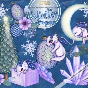 May include: A set of 18 winter-themed digital clipart images featuring dragons, snowflakes, trees, and crystals. The images are perfect for creating winter-themed crafts, cards, and other projects. The images are 8-12 inches in size.
