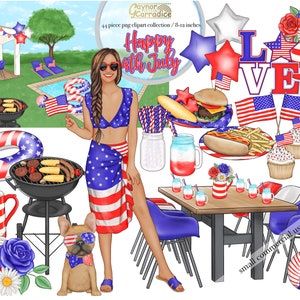 Clipart du 4 juillet - ensemble de 44 cliparts de la fête de l'indépendance à l'aquarelle - graphiques du planificateur du 4 juillet avec barbecue, scène de fête à la piscine et plus encore