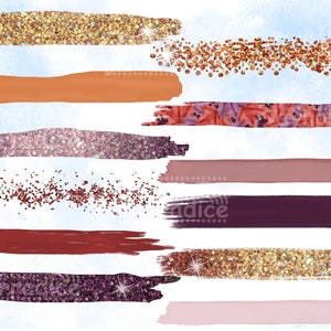 May include: A set of ten digital brush strokes in various fall colors, including gold, orange, pink, purple, and brown. The brush strokes are textured with glitter and leaves.