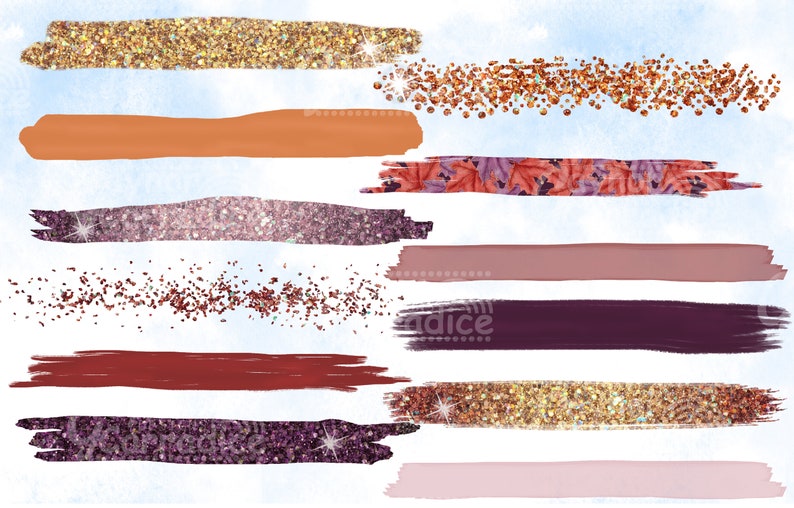 May include: A set of ten digital brush strokes in various fall colors, including gold, orange, pink, purple, and brown. The brush strokes are textured with glitter and leaves.