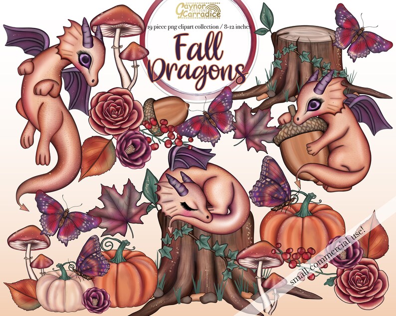 May include: A digital clipart set of 19 fall-themed illustrations featuring dragons, butterflies, mushrooms, pumpkins, acorns, and leaves. The dragons are pink and purple with wings and are depicted in various poses. The illustrations are perfect for adding a touch of whimsy to your fall crafts and projects.