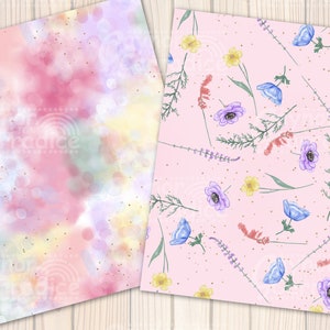 May include: Two digital paper designs. The first is a watercolor-style background with pink, purple, and yellow colors and gold glitter. The second is a pink background with a repeating pattern of blue, purple, and yellow flowers.