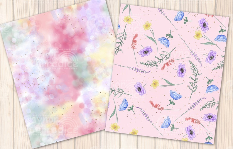 May include: Two digital paper designs. The first is a watercolor-style background with pink, purple, and yellow colors and gold glitter. The second is a pink background with a repeating pattern of blue, purple, and yellow flowers.