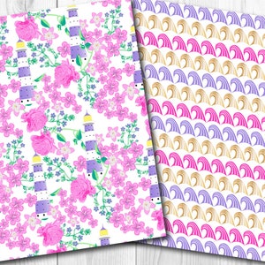 May include: Two digital paper patterns. The first pattern features a white background with pink and purple flowers, green leaves, and purple and white lighthouses. The second pattern features a white background with pink, purple, and gold waves.