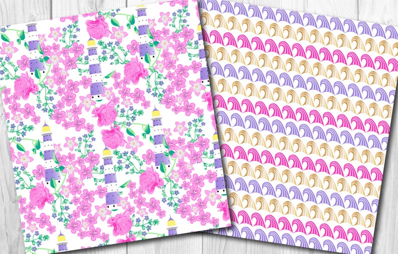 May include: Two digital paper patterns. The first pattern features a white background with pink and purple flowers, green leaves, and purple and white lighthouses. The second pattern features a white background with pink, purple, and gold waves.