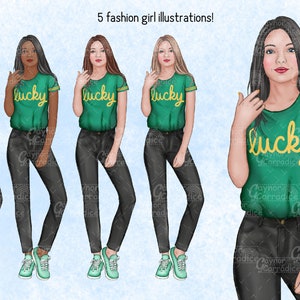 Pu&ograve; includere: Cinque illustrazioni di donne che indossano magliette verdi con la parola "lucky" in lettere gialle. Le donne indossano jeans neri e scarpe da ginnastica blu chiaro.