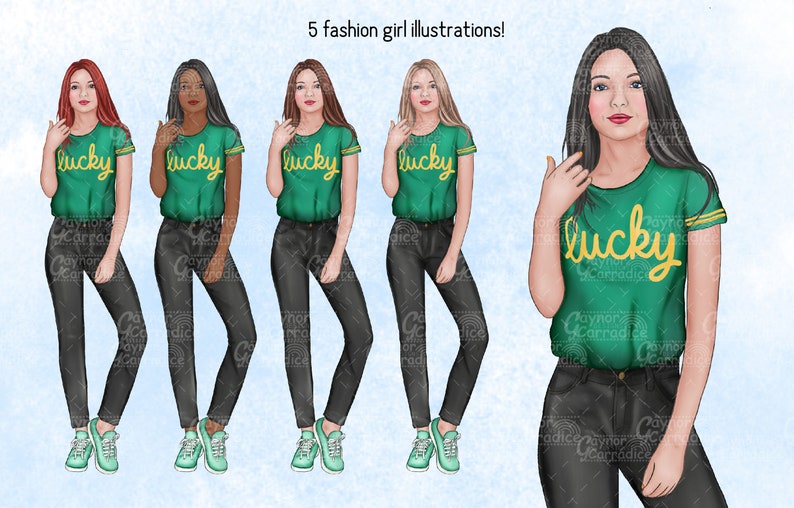 Pu&ograve; includere: Cinque illustrazioni di donne che indossano magliette verdi con la parola "lucky" in lettere gialle. Le donne indossano jeans neri e scarpe da ginnastica blu chiaro.