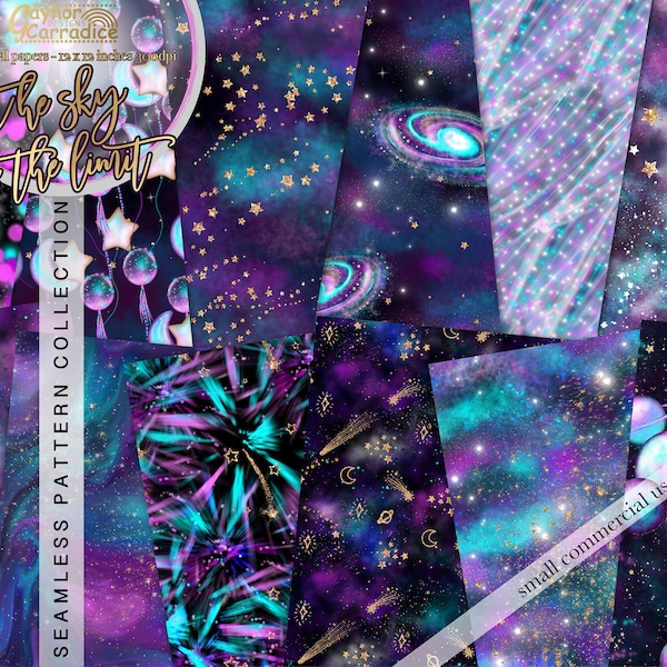 New year digital papers - 12 watercolor space seamless patterns, galaxy paper pack, abstract background, celestial backdrop - 12" x 12" jpg