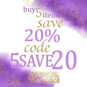 May include: Purple and gold graphic with the text "buy 5 items save 20% code 5SAVE20" and the text "Paynor Designs Carradice" in a gold and rainbow design.