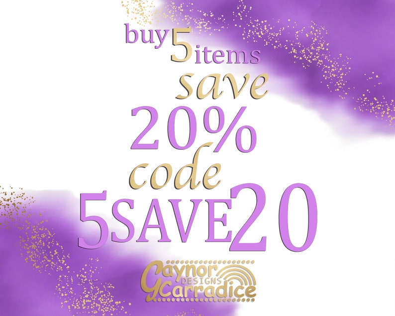 May include: Purple and gold graphic with the text "buy 5 items save 20% code 5SAVE20" and the text "Paynor Designs Carradice" in a gold and rainbow design.