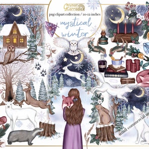 Mystical winter clipart - 67 piece Winter forrest animals - yule clipart - winter solstice artwork - png clipart - planner art, winter witch