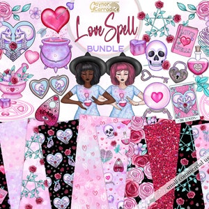 Love Spell clipart bundle - witch valentines bundle, Creepy valentine's digital paper / clipart bundle, goth valentines clipart, love witch