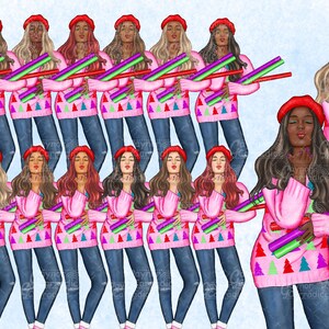 May include: A digital illustration of 16 women wearing pink sweaters with a Christmas tree pattern and blue jeans. The women are holding colorful candy canes in their hands.