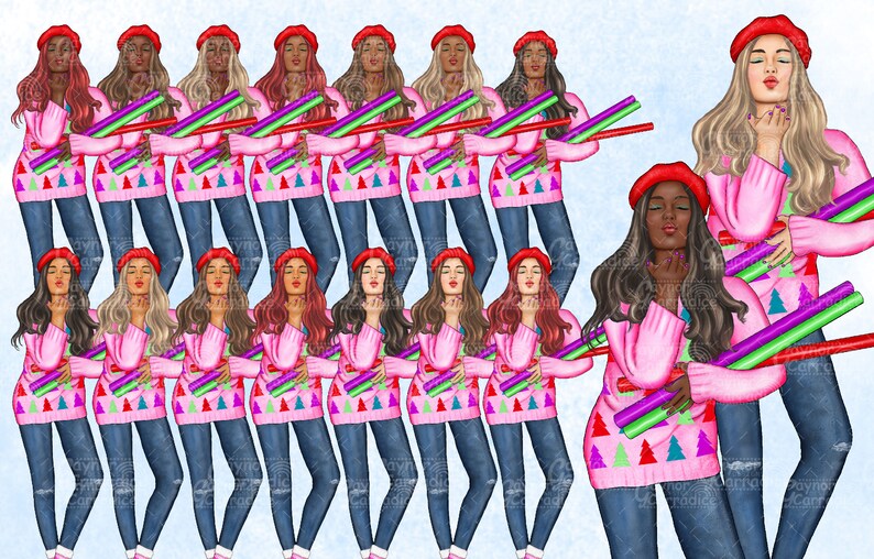 May include: A digital illustration of 16 women wearing pink sweaters with a Christmas tree pattern and blue jeans. The women are holding colorful candy canes in their hands.