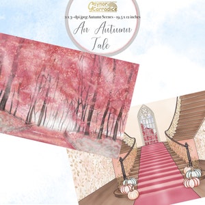 May include: Two digital illustrations for crafting projects. The first image shows a path through a pink and white forest. The second image shows a pink carpeted staircase with a large window at the top. The text "An Autumn Tale" is written in gold lettering.
