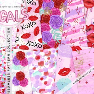 valentine digital papers - 10 watercolor valentines seamless patterns, party backdrops, bright floral backgrounds, planner graphics - jpeg