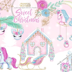 Christmas Unicorn Clipart - 27 piece winter graphics collection - pink Christmas clipart - commercial use clipart for planner stickers