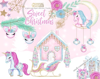 Christmas Unicorn Clipart - 27 piece winter graphics collection - pink Christmas clipart - commercial use clipart for planner stickers