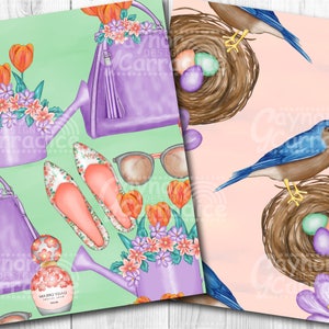 May include: Two seamless patterns, one with purple handbags, floral bouquets, and watering cans on a green background, and the other with blue birds in brown nests with blue and green eggs on a pink background.
