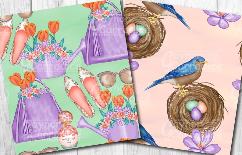 May include: Two seamless patterns, one with purple handbags, floral bouquets, and watering cans on a green background, and the other with blue birds in brown nests with blue and green eggs on a pink background.