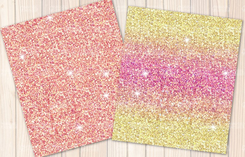 May include: Two sheets of glitter paper. One is a solid coral colour, and the other has a gradient of yellow, pink, and coral. Both sheets have sparkling highlights, creating a festive and glamorous look. The background is a light wood grain.