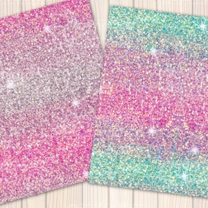 May include: Two digital paper backgrounds with a gradient of pink, purple, blue and green glitter.
