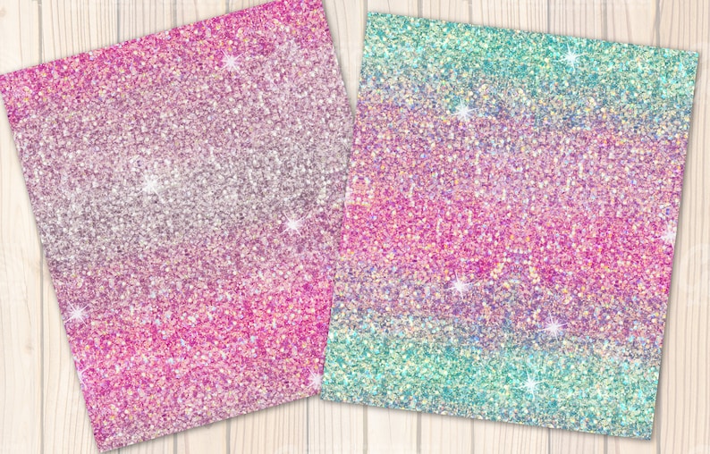 May include: Two digital paper backgrounds with a gradient of pink, purple, blue and green glitter.