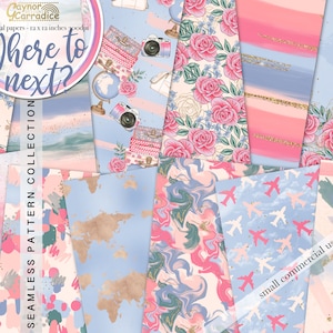 Travel digital papers - 12 watercolor vacation seamless patterns, abstract backgrounds, wanderlust floral paper pack - blush pink and blue