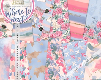 Travel digital papers - 12 watercolor vacation seamless patterns, abstract backgrounds, wanderlust floral paper pack - blush pink and blue