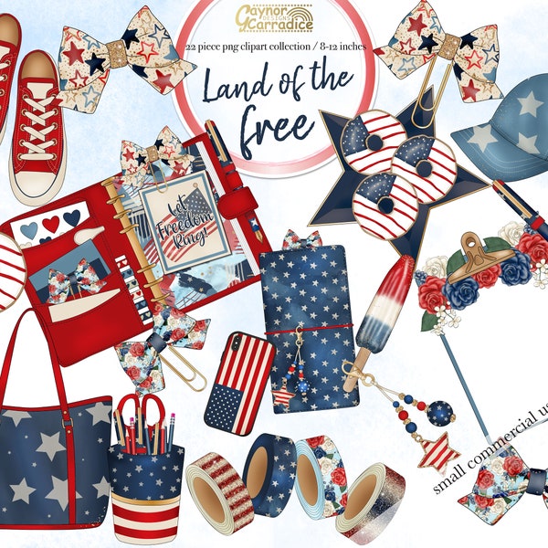 Patriotic planner clipart - 22 piece 4th July inspired flat lay graphics - watercolor stationery - washi tape, bow clips - 300dpi png