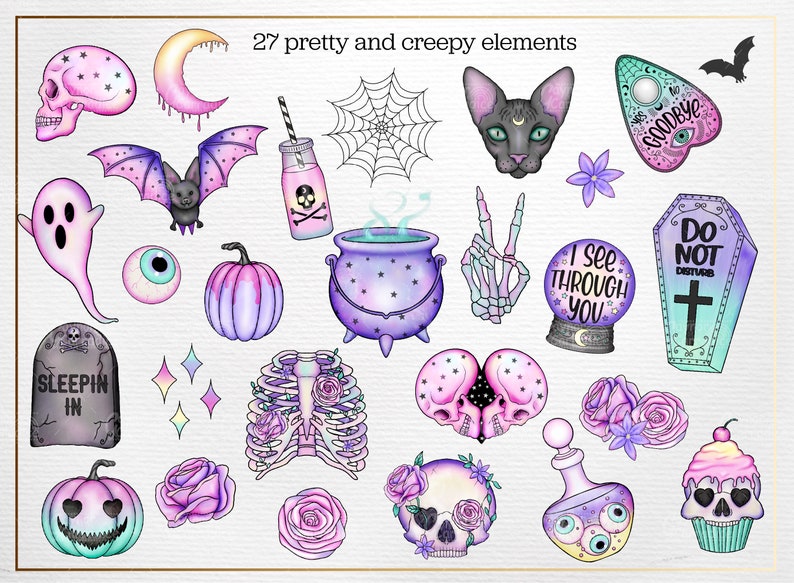 May include: A set of 27 digital illustrations featuring a variety of spooky and cute Halloween elements in pastel colors. The illustrations include a skull, a bat, a ghost, a pumpkin, a cauldron, a spiderweb, a cat, a coffin, a rose, a cupcake, and more.