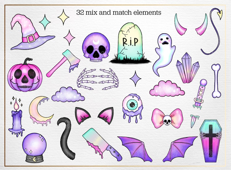 May include: A set of 32 mix and match digital clipart elements in a pastel goth style. The elements include a witch's hat, a pumpkin, a skull, a tombstone, a ghost, a crystal, a bone, a cloud, an eye, a bow, a knife, a coffin, a crescent moon, a candle, a cat's ears, a tail, a pair of wings, and a skeleton hand.