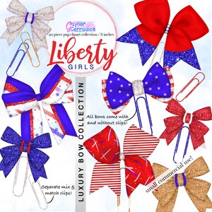 May include: A collection of 20 red, white, and blue glitter cheer bows, each measuring 8 inches in diameter. The bows are decorated with stars and stripes, and some have a silver glitter accent. The bows are available with or without clips. The image also includes a variety of silver paper clips.