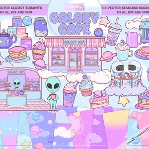 Paquete de imágenes prediseñadas de Outer Space Cafe - Lindo paquete de papel digital kawaii / imágenes prediseñadas, imágenes prediseñadas góticas pastel, imágenes prediseñadas de café, imágenes prediseñadas de galaxia