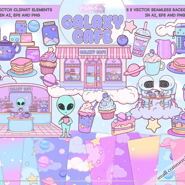 Outer Space Cafe clipart bundle - Cute kawaii digital paper / clipart bundle, pastel goth clipart, coffee clipart, galaxy clipart