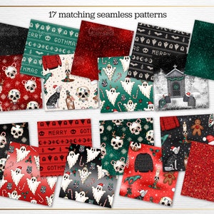 May include: A set of 17 digital seamless patterns featuring a spooky Christmas theme. The patterns include skulls, ghosts, candy canes, and Christmas trees in black, white, red, and green.