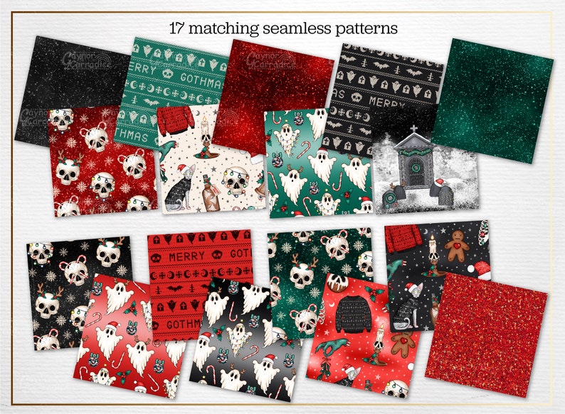 May include: A set of 17 digital seamless patterns featuring a spooky Christmas theme. The patterns include skulls, ghosts, candy canes, and Christmas trees in black, white, red, and green.