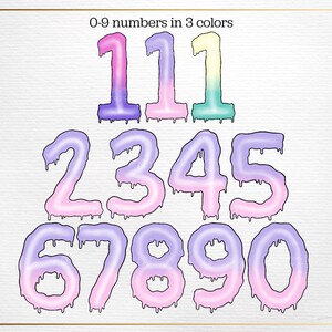May include: Numbers 0-9 in a dripping, colourful, pastel design. The numbers are pink, purple, and light blue.