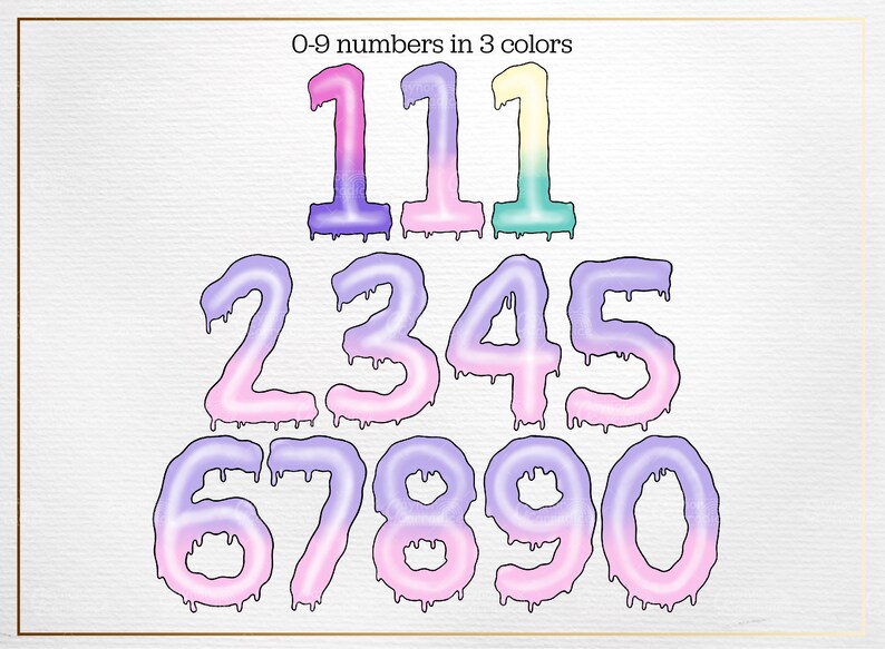 May include: Numbers 0-9 in a dripping, colourful, pastel design. The numbers are pink, purple, and light blue.